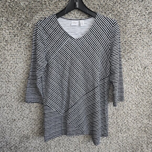 Chicos Weekends Top Womens 0 US Small Black Striped Tunic 3/4 Sleeve Casual - Picture 1 of 7
